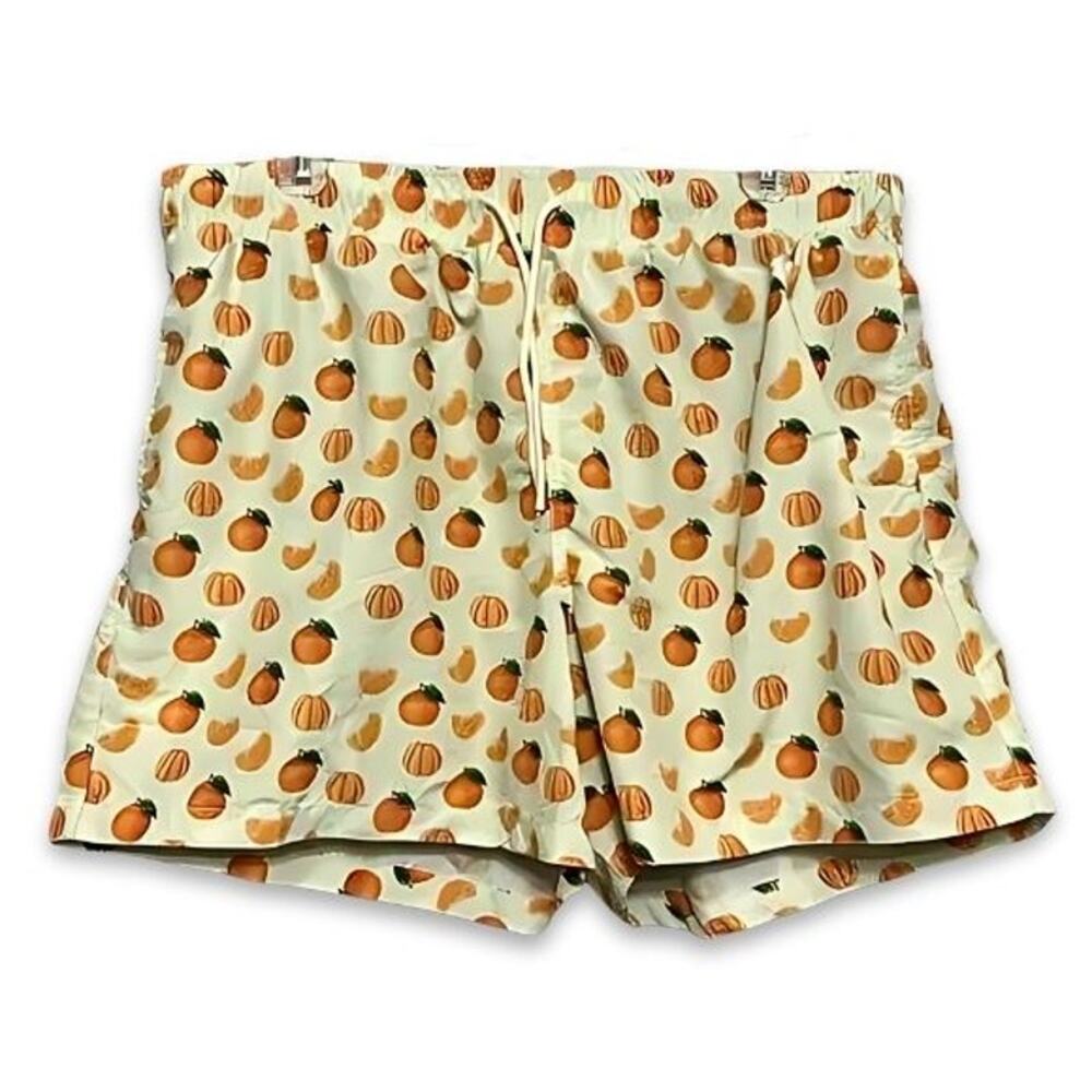 Surf Cuz Swim Trunks Quick-Dry Elastic Waistband Grove Pattern Orange/Green NWT